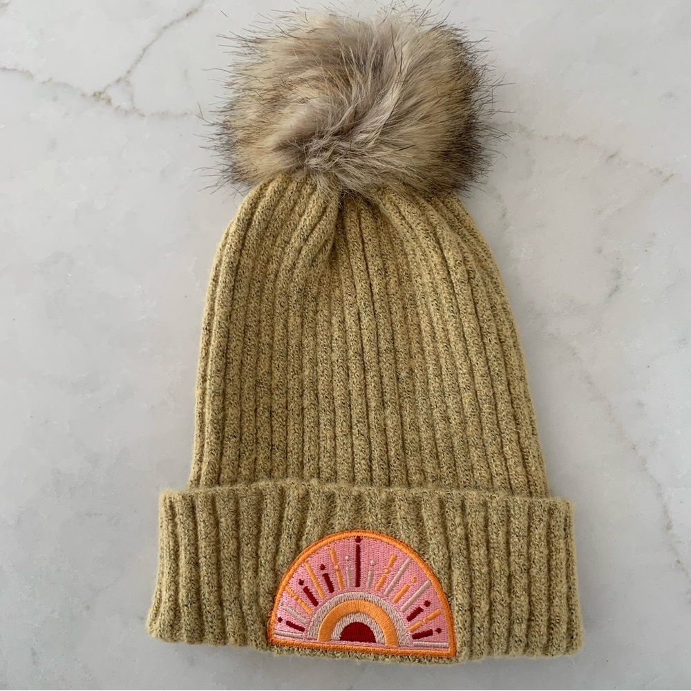 Virginia Wolf Sunray Hat Beanie Furry Bobble One Size Yellow Cozy Soft